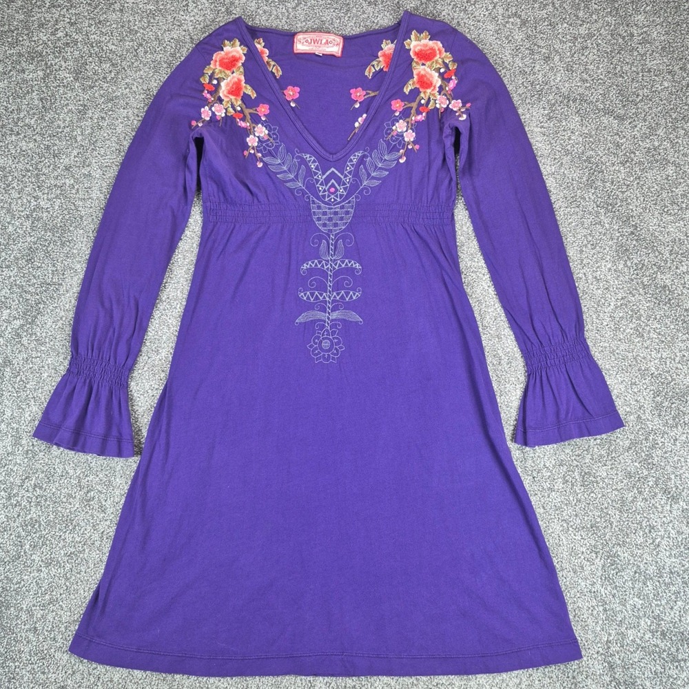 Johnny Was Dress Womens Medium Purple Floral Embroidered Boho Long Sleeve JWLA